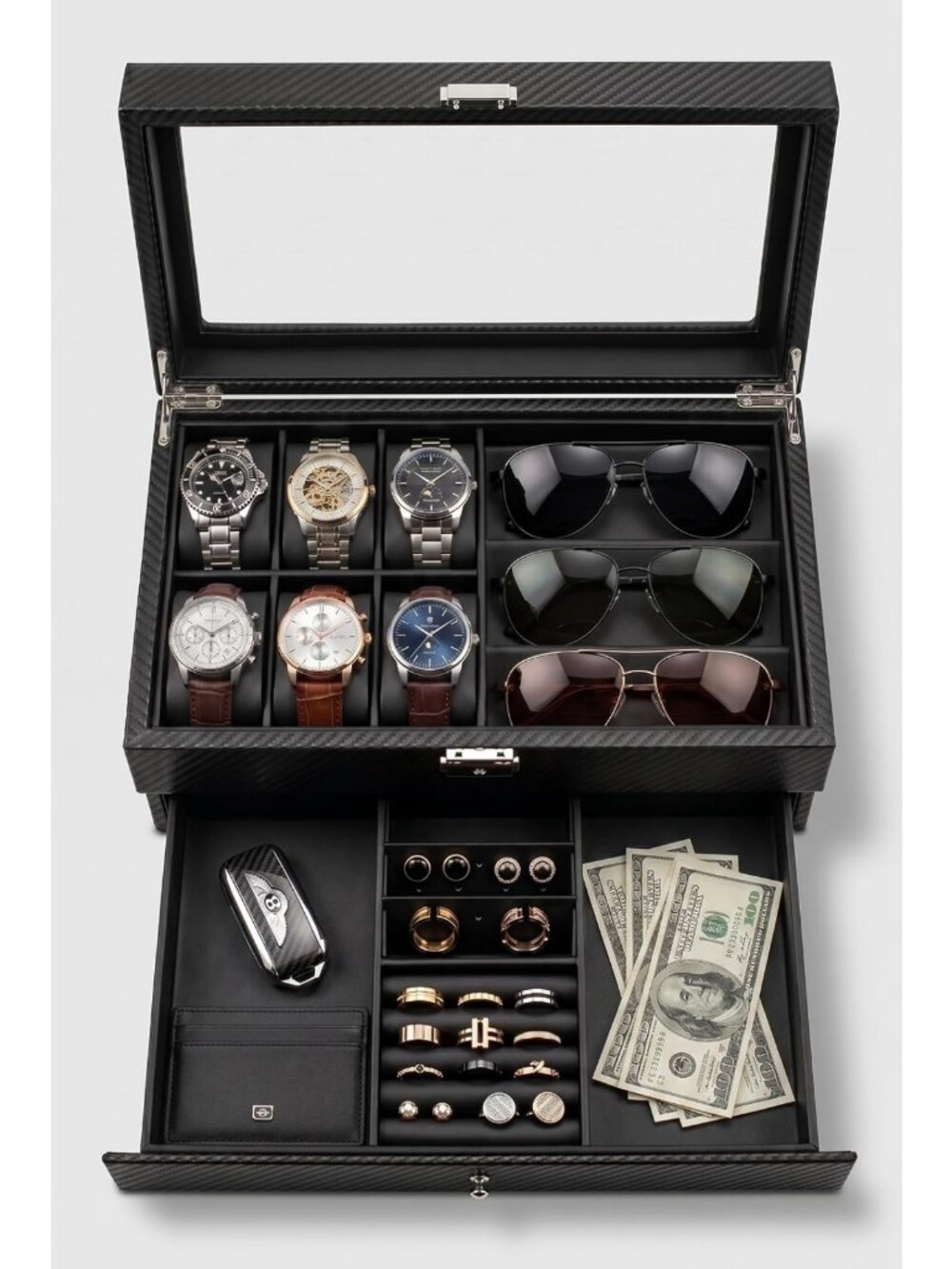 6 Slot Watch Box & 3 Slot Sunglass Organizer - Stylish Storage for Watches